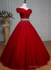 Wine Red Ball Gown Off Shoulder Beaded Party Dress, Tulle Off Shoulder Prom Dress